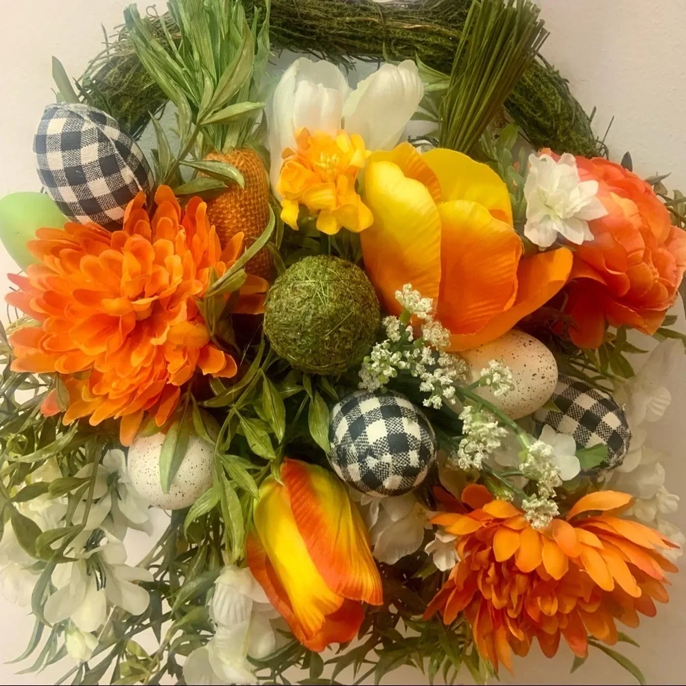 Easter Bunny Shaped Moss Floral Spring Orange Wreath Farmhouse Black White Plaid